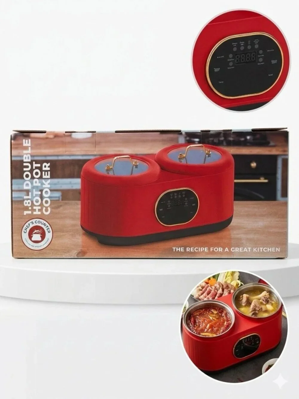 Chef's Counter 1.8L Double Hot Pot Cooker 200W Temp Control Nonstick Red